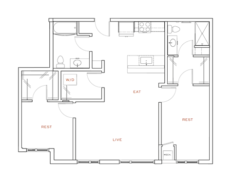 Floor plan for 2 beds, 2 baths, 1051 sqft